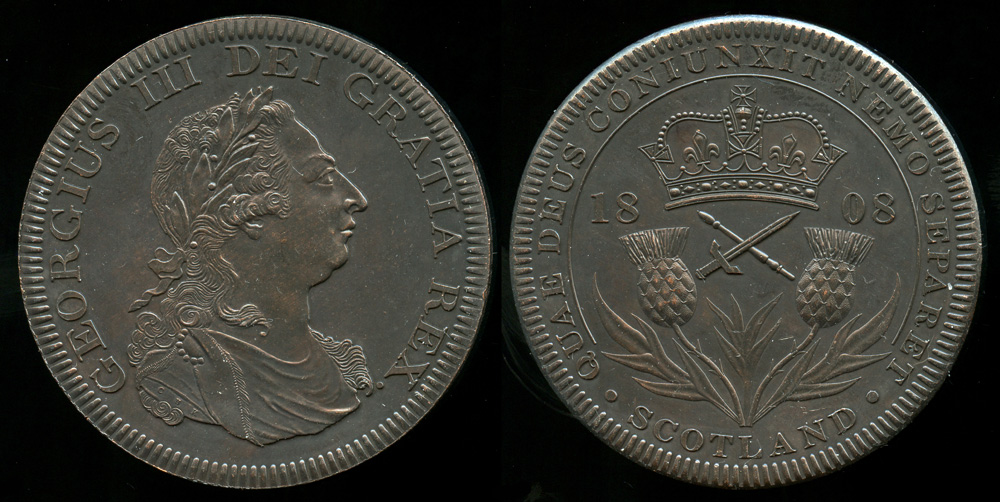 ireland george iii 1808 copper proof pattern crown -... 1808 Scotland Crown, George III - Medallic Issue (2007), Bronzed Copper UNC