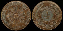 World Coins - 1869 H Uruguay 4 Centesimos AU 