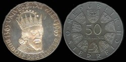 World Coins - 1965 Austria 50 Schilling - 600th Anniversary of Vienna University - (Only 37,000 Pieces were struck in Proof) -Proof Silver