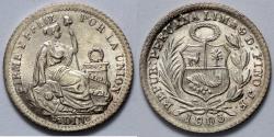 World Coins - 1903 JF Peru 1/2 Dinero - 1903/893 Overdate - BU Silver
