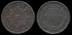 World Coins - 1857 D Uruguay 40 Centesimos XF