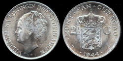 World Coins - 1944 D Curacao 2-1/2 Gulden "Queen Wilhelmina Silver Crown" BU