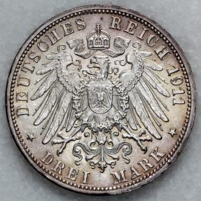 1913 F Germany - Wurttemberg 3 Mark - Wilhelm II - UNC Silver