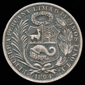 World Coins - 1894 TF Peru 1 Sol XF