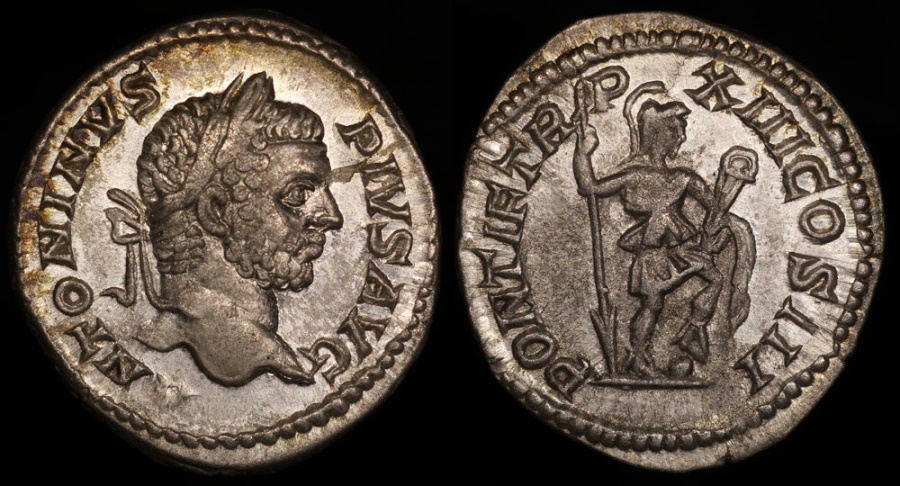 Ancient Coins - Caracalla Denarius - PONTIF TR P XIII COS III - Rome Mint 