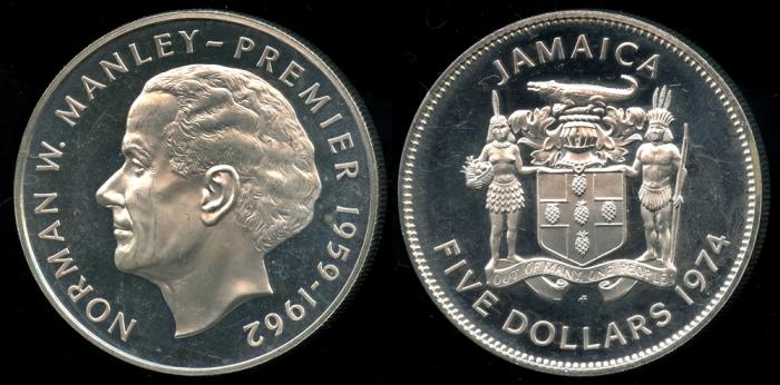1974 Fm Jamaica 5 Dollar Norman Manley Silver Cameo Proof World Coins 1974 Fm Jamaica 5 Dollar Norman Manley Silver Cameo Proof