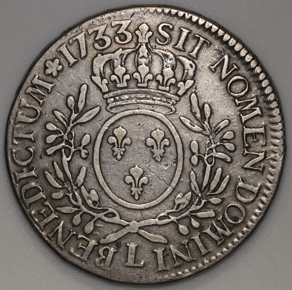 1733 L France 1 Ecu - Louis XV - Bayonne Mint - F | European Coins