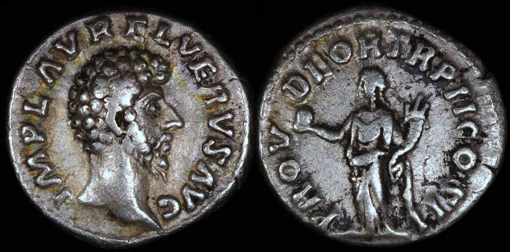 Lucius Verus Denarius - PROV DEOR TR P II COS II - Rome Mint