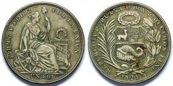 World Coins - 1924 Peru 1 Sol - Struck at Philadelphia Mint - AU Silver