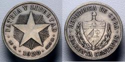 World Coins - 1920 Cuba 40 Centavos – (KM-14.3) Low Relief Star – 1st Republic – XF – Silver