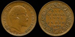 World Coins - 1906 India 1/4 Anna XF