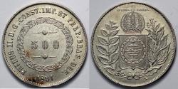 World Coins - 1851 Brazil 500 Reis - Petrus II - UNC Silver