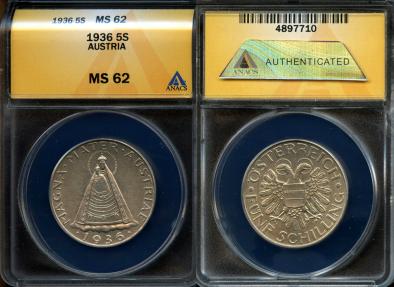 World Coins - 1936 Austria 5 Schilling - Madonna of Mariazell - Silver Commemorative ANACS MS62
