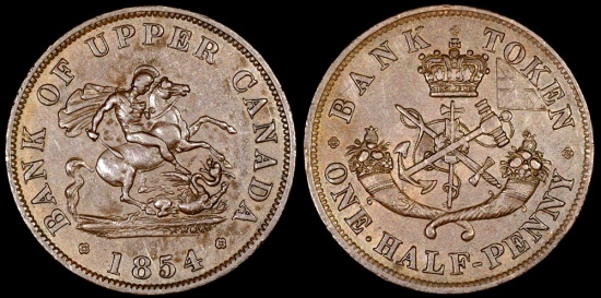 1854 Canada 1/2 Penny - Bank of Upper Canada Token (Plain Four) - XF