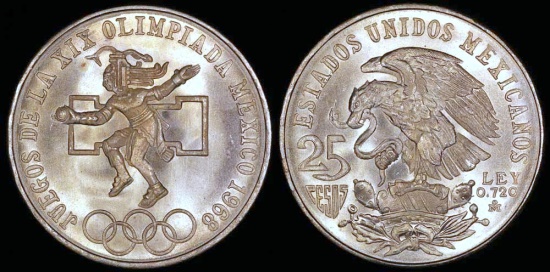 1968 Mo Mexico 25 Peso - Type I - XIX Olympic Games Commemorative Silver BU