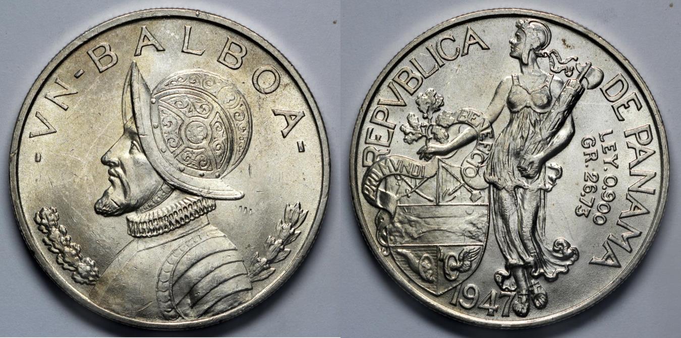 1947 Panama 1 Balboa - Vasco Nunez de Balboa - BU Silver | North