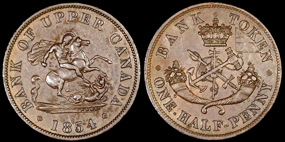 1854 Canada 1/2 Penny - Bank of Upper Canada Token (Plain Four) - XF