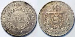 World Coins - 1863 Brazil 1000 Reis - Petrus II - AU Silver