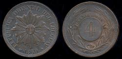World Coins - 1869 A Uruguay 4 Centimos AU