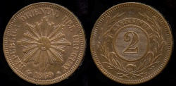 World Coins - 1869 A Uruguay 2 Cent UNC