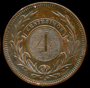 World Coins - 1869 A Uruguay 4 Centesimos AU