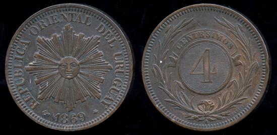 World Coins - 1869 A Uruguay 4 Centimos AU