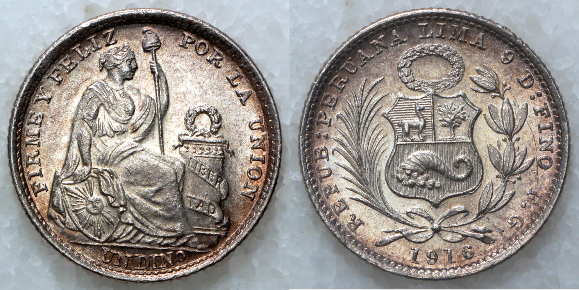 1916 FG Peru 1 Dinero - BU Silver | South American Coins