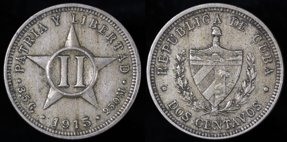 1915 Cuba 2 Centavos 1st Republic AU North Central