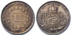 World Coins - 1862 Brazil 200 Reis - Petrus II - AU Silver