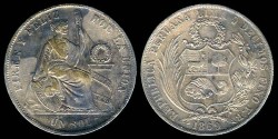 World Coins - 1869 YB Peru 1 Sol AU