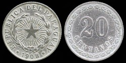 World Coins - 1908 Paraguay 20 Centavos XF