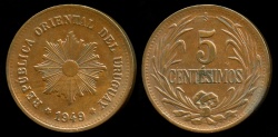 World Coins - 1949 So Uruguay 5 Centesimo AU