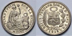 World Coins - 1916 FG Peru 1/2 Dinero - 1916/5 Overdate - BU Silver