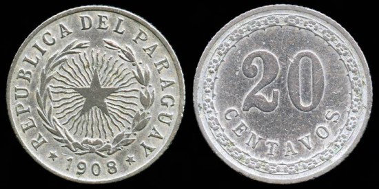 World Coins - 1908 Paraguay 20 Centavos XF