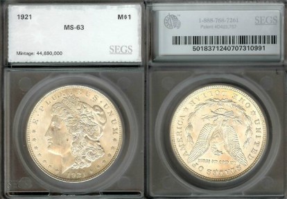 US Coins - 1921 Morgan Dollar SEGS MS63