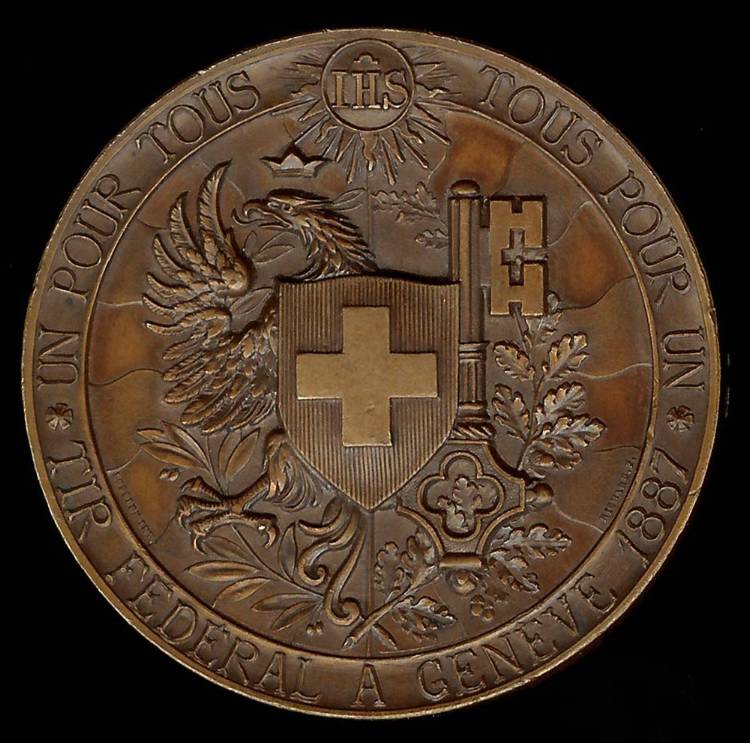 1887 Switzerland - Switzerland, Kanton Geneva Shooting Festival Medal for  the Federal Shooting Festival in Geneva, 24 July-4 August 1887 by  Franck-Edouard Lossier and Hugues Bovy.