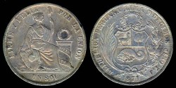 World Coins - 1871 YJ Peru 1 Sol XF
