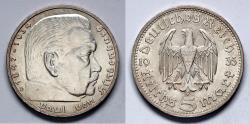 World Coins - 1935 D Germany 5 Reichsmark - Third Reich - Hindenburg Issue - Munich Mint - UNC - Silver