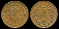 World Coins - 1944 So Uruguay 5 Centesimo XF