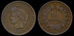 World Coins - 1891 A France 10 Centimes XF