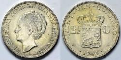 World Coins - 1944 D Curacao 2-1/2 Gulden - Queen Wilhelmina - UNC Silver