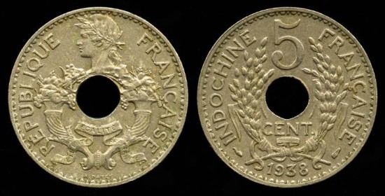World Coins - 1938 A French Indo-China 5 Cent UNC