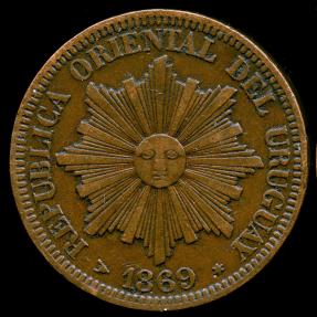 World Coins - 1869 H Uruguay 4 Centesimos AU