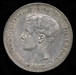 World Coins - 1897 SGV Philippines 1 Peso - Spanish Colony - Alfonso XIII - AU 