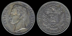 World Coins - 1936 Venezuela 5 Bolivares XF