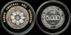 World Coins - 1988 Uruguay 5000 Nuevo Pesos - Presidential Meeting - Banco Central - Silver Proof - Only 5,000 pieces were struck