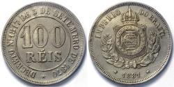 World Coins - 1881 Brazil 100 Reis - Petrus II - AU
