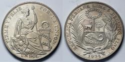 World Coins - 1934 LIMA Peru 1 Sol - Republic Coinage - BU Silver
