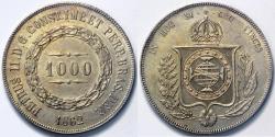 World Coins - 1862 Brazil 1000 Reis - Petrus II - AU Silver