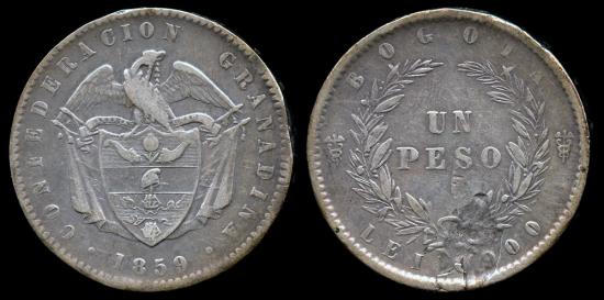 World Coins - 1859 Colombia 1 Peso VF